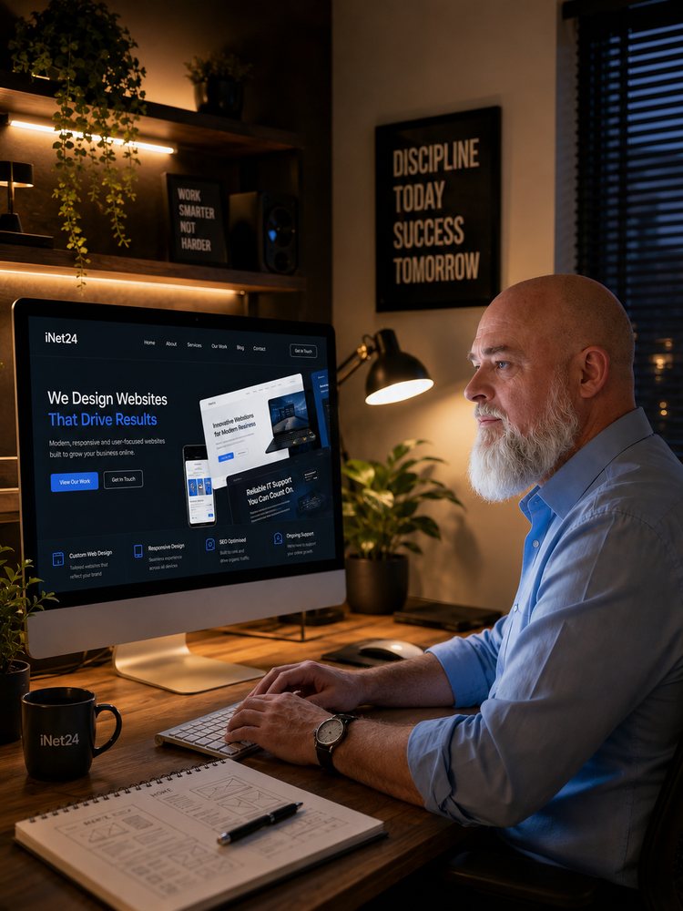 Steven Lindsay, Director of iNet24, working at his desk